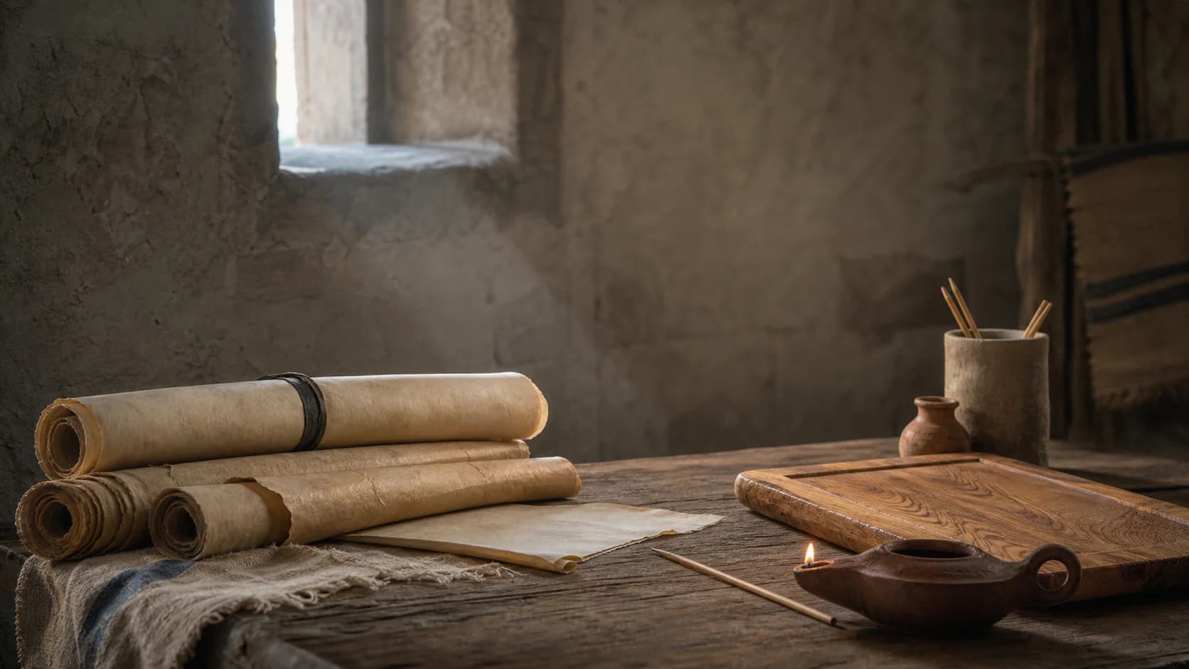 Ancient scrolls, a clay lamp, and a reed pen on a table